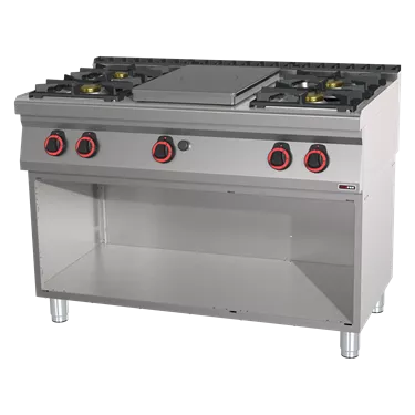 Cooking range solid top gas 5x burner on open cabinet | REDFOX - STP 70/120 G